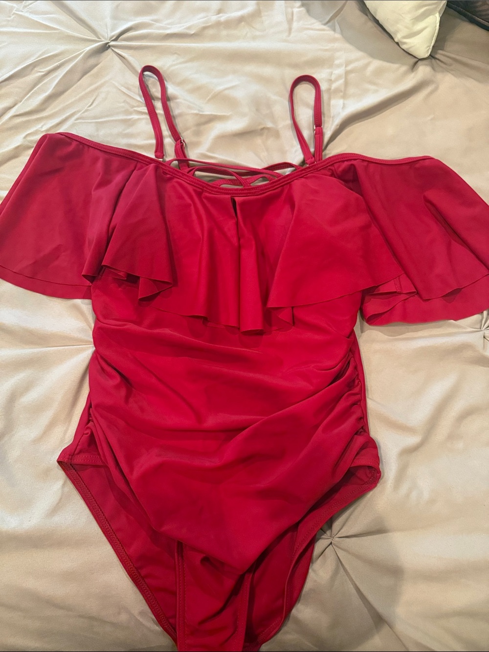 Women’s Red Off-Shoulder Ruffle One-Piece Swimsuit